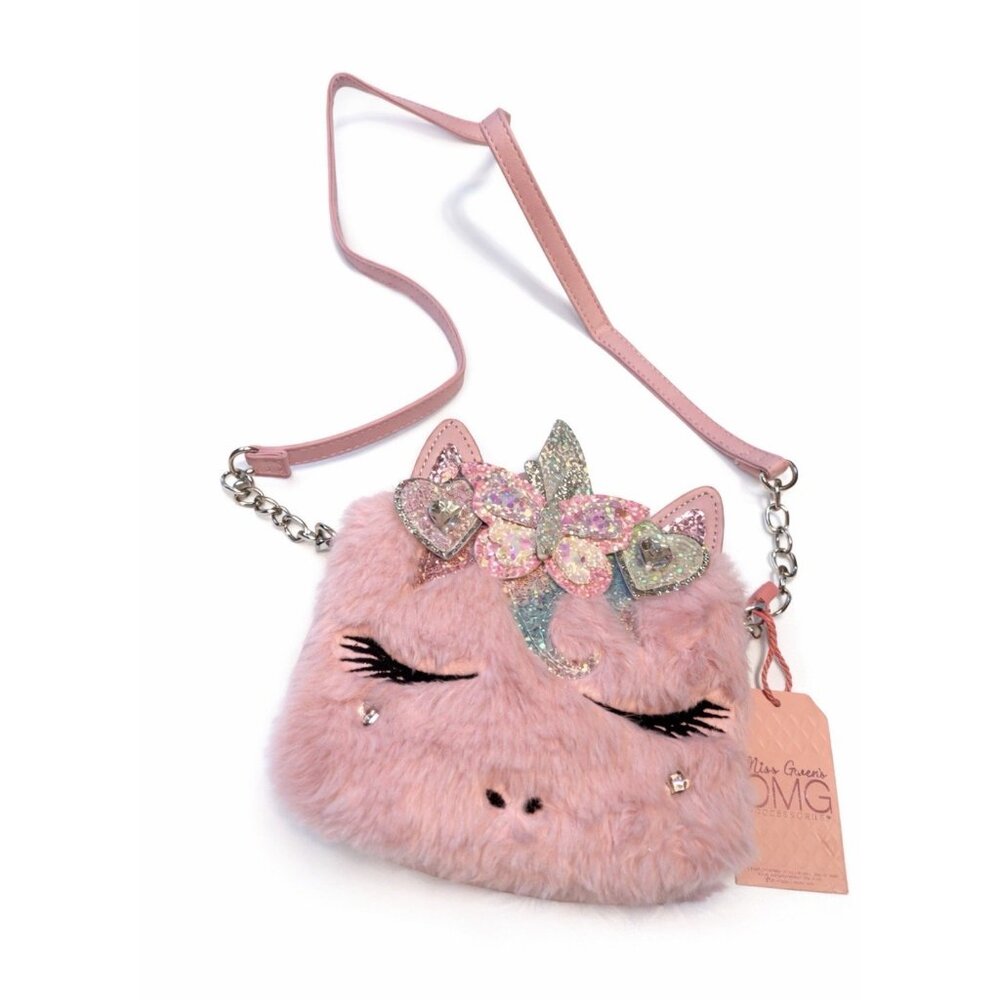 Kids Nordstrom Miss Gwen OMG Furry Unicorn Love Winged Pink Glitter Purse NEW